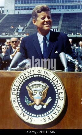 USA: John Fitzgerald 'Jack' Kennedy (29 May 1917 - 22 November 1963), often referred to by his initials JFK, 35th President of the United States (1961-1963), speaking on the Nation's Space Effort in the football field at Rice University, Houston, 12 September 1962.  After military service during World War II in the South Pacific, Kennedy represented Massachusetts's 11th congressional district in the U.S. House of Representatives from 1947 to 1953 as a Democrat. Thereafter, he served in the U.S. Senate from 1953 until 1960. Stock Photo