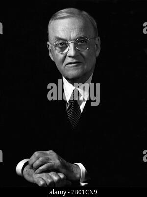 USA: John Foster Dulles (25 February 1888 - 24 May 1959), 52nd US Secretary of State (1953-1959), 1953.  John Foster Dulles served as U.S. Secretary of State under President Dwight D. Eisenhower from 1953 to 1959.  He was a significant figure in the early Cold War era, advocating an aggressive stance against communism throughout the world. He advocated support of the French in their war against the Viet Minh in Indochina and it is widely believed that he refused to shake the hand of Zhou Enlai at the Geneva Conference in 1954. Stock Photo
