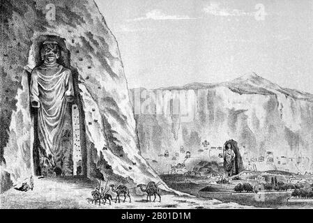 Afghanistan: The Buddhas of Bamiyan as represented by Iwan Lawrowitsch Jaworski (fl. 1870s-1880s), c. 1885.  The Buddhas of Bamiyan were two 6th century monumental statues of standing Buddhas carved into the side of a cliff in the Bamiyan valley in the Hazarajat region of central Afghanistan.  Built in 507 CE, the larger in 554 CE, the statues represented the classic blended style of Gandhara art. The bodies were hewn directly from the sandstone cliffs, but details were modeled in mud mixed with straw.  They were intentionally dynamited and destroyed in 2001 by the Taliban, declared as 'idols' Stock Photo