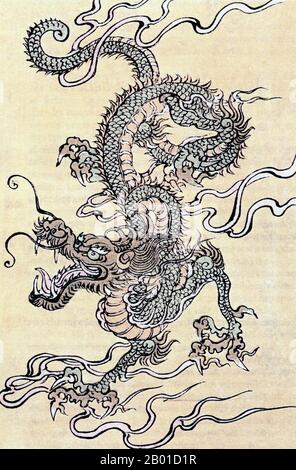 Japan/China: Japanese dragon. Woodbloock engraving, Chinese school, 19th century.  Chinese dragons are legendary creatures in Chinese mythology and folklore, with mythic counterparts among Japanese, Korean, Vietnamese, Bhutanese and Western mythology.  In Chinese art, dragons are typically portrayed as long, scaled, serpentine creatures with four legs. In yin and yang terminology, a dragon is yang (male element) and complements a yin (female element) fenghuang (phoenix).  In contrast to European dragons, which are considered evil, Chinese dragons traditionally symbolise power and good luck. Stock Photo