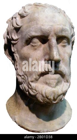 Greece: Thucydides (c. 460 BCE - c. 395 BCE), Greek general, historian and writer. Marble portrait head, c. 4th century BCE.  Thucydides (Greek Θουκυδίδης, Thoukydídēs) was a Greek historian and author from Alimos. His 'History of the Peloponnesian War' recounts the 5th century BCE war between Sparta and Athens to the year 411 BCE. Thucydides has been dubbed the 'father of scientific history', because of his strict standards of evidence-gathering and analysis in terms of cause and effect without reference to intervention by the gods, as outlined in his introduction to his work. Stock Photo