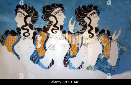 Greece: Fresco of three dancing girls of Knossos, Crete, c. 1600-1450 BCE.  Knossos (alternative spellings Knossus, Cnossus, Greek Κνωσός), also known as Labyrinth, or Knossos Palace, is the largest Bronze Age archaeological site on Crete and probably the ceremonial and political centre of the Minoan civilisation and culture. The palace appears as a maze of workrooms, living spaces, and store rooms close to a central square.  Detailed images of Cretan life in the late Bronze Age are provided by images on the walls of this palace. Stock Photo