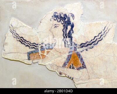 Greece: Fresco fragment of a dancing girl of Knossos, Crete, c. 1600-1450 BCE. Photo by Wolfgang Sauber (CC By-SA 3.0 License).  Knossos (alternative spellings Knossus, Cnossus, Greek Κνωσός), also known as Labyrinth, or Knossos Palace, is the largest Bronze Age archaeological site on Crete and probably the ceremonial and political centre of the Minoan civilisation and culture. The palace appears as a maze of workrooms, living spaces, and store rooms close to a central square.  Detailed images of Cretan life in the late Bronze Age are provided by images on the walls of this palace. Stock Photo