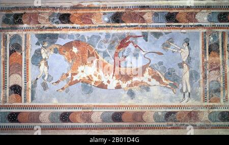 Greece: Fresco of an acrobat on a bull with two female acrobats on either side, Heraklion museum, Knossos, Crete, c. 1600-1450 BCE.  Knossos (alternative spellings Knossus, Cnossus, Greek Κνωσός), also known as Labyrinth, or Knossos Palace, is the largest Bronze Age archaeological site on Crete and probably the ceremonial and political centre of the Minoan civilisation and culture. The palace appears as a maze of workrooms, living spaces, and store rooms close to a central square.   Detailed images of Cretan life in the late Bronze Age are provided by images on the walls of this palace. Stock Photo