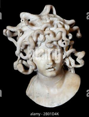 Italy: Head of Medusa in white marble, by Gian Lorenzo Bernini (1598-1680), 1630.  In Greek mythology Medusa (Greek: Μέδουσα, 'guardian, protectress') was a Gorgon, a chthonic monster, and a daughter of Phorcys and Ceto. Gazing directly upon her would turn onlookers to stone.  She was beheaded by the hero Perseus, who thereafter used her head as a weapon until he gave it to the goddess Athena to place on her shield. In classical antiquity the image of the head of Medusa appeared in the evil-averting device known as the Gorgoneion. Stock Photo