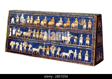 Iraq: The peace side of the Standard of Ur (also known as the 'Battle Standard of Ur', or the 'Royal Standard of Ur'), a Sumerian artifact excavated from the Royal Cemetery in the ancient city of Ur, located in modern-day Iraq to the south of Baghdad, c. 2600 BCE.  The Standard of Ur survived in only a fragmentary condition, as the effects of time over the last several millennia had decayed the wooden frame and bitumen glue which had cemented the mosaic in place. The weight of the soil had crushed the object, fragmenting it and breaking the end panels. Stock Photo