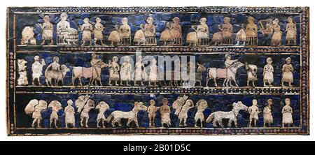 Iraq: The peace side of the Standard of Ur (also known as the 'Battle Standard of Ur', or the 'Royal Standard of Ur'), a Sumerian artifact excavated from the Royal Cemetery in the ancient city of Ur, located in modern-day Iraq to the south of Baghdad, c. 2600 BCE.  The Standard of Ur survived in only a fragmentary condition, as the effects of time over the last several millennia had decayed the wooden frame and bitumen glue which had cemented the mosaic in place. The weight of the soil had crushed the object, fragmenting it and breaking the end panels. Stock Photo