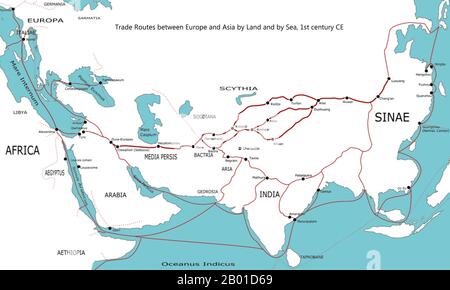 World: Map of Trade Routes between Europe and Asia by Land and by Sea, c. 100 CE, by Shizhao (CC BY 3.0 License).  Outline map of the major trade routes between Europe and Asia around 100 CE, including the Silk Road, the Incense Road and the sea routes between Europe, Arabia, India and China. Geographical labels for regions are adapted from the Geography of Ptolemy (c. 150 CE), some trading centre names date from later (c. 400 CE). Stock Photo