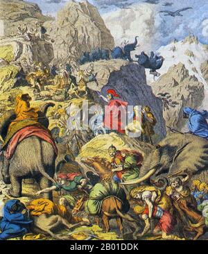 Tunisia/Italy: Hannibal's army crossing the Alps during the Second Punic War (218-201 BCE). Woodcut print by Heinrich Leutemann (1824-1905), 1866.  The Second Punic War (218 BCE - 201 BCE) is most remembered for the Carthaginian Hannibal's crossing of the Alps. He and his army invaded Italy from the north and resoundingly defeated the Roman army in several battles, but never achieved the ultimate goal of causing a political break between Rome and its allies.  While fighting Hannibal in Italy, Hispania and Sicily, Rome also simultaneously fought against Macedon in the First Macedonian War. Stock Photo