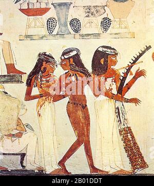 Egypt: Three female musicians, better known as the 'Musicians of Amun', Tomb of Nakht, 18th Dynasty (1422-1411 BCE), Thebes.  The music of Egypt has been an integral part of Egyptian culture since ancient times. The ancient Egyptians credited one of their Gods Thoth with the invention of music, which Osiris in turn used as part of his effort to civilise the world.  The earliest material and representational evidence of Egyptian musical instruments dates to the Predynastic period, but the evidence is more securely attested in the Old Kingdom when harps, flutes and double clarinets were played. Stock Photo