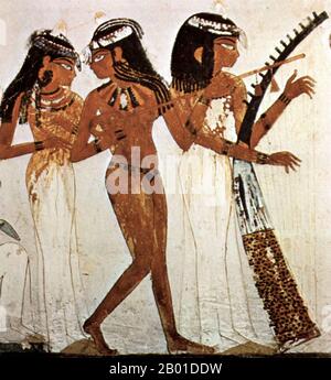 Egypt: Three female musicians, better known as the 'Musicians of Amun', Tomb of Nakht, 18th Dynasty (1422-1411 BCE), Thebes.  The music of Egypt has been an integral part of Egyptian culture since ancient times. The ancient Egyptians credited one of their Gods Thoth with the invention of music, which Osiris in turn used as part of his effort to civilise the world.  The earliest material and representational evidence of Egyptian musical instruments dates to the Predynastic period, but the evidence is more securely attested in the Old Kingdom when harps, flutes and double clarinets were played. Stock Photo