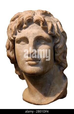 Greece: Marble bust of Alexander the Great at the British Museum, London, 2nd-1st century BCE.  Alexander III of Macedon (20/21 July 356 - 10/11 June 323 BC), commonly known as Alexander the Great (Greek: Mégas Aléxandros), was a king of Macedon, a state in the north eastern region of Greece, and by the age of thirty was the creator of one of the largest empires in ancient history, stretching from the Ionian Sea to the Himalaya.  He was undefeated in battle and is considered one of the most successful commanders of all time.