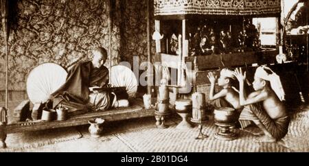 Burma: Young novices (Burmese: 'ko-yin') seek approval from a Buddhist abbot ('saya-daw') to leave the monastery to return to lay life, c. 1892-1896.   Buddhist monks collect alms - food prepared by devotees and laypersons who make merit by donating it - every morning in Burma and most Theravada Buddhist countries. This is their only food for the day. Monks do not eat after 12 noon.  Legend attributes the first Buddhist doctrine in Burma to 228 BCE when Sonna and Uttara, two ambassadors of the Emperor Ashoka the Great of India, came to the country with sacred texts. Stock Photo