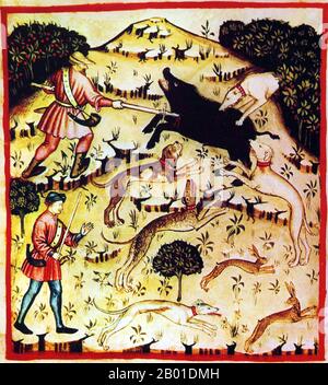 Iraq/Italy: Hunting wild boar and hare with dogs and spear. Illustration from Ibn Butlan's Taqwim al-sihha or 'Maintenance of Health', published in Italy as the Tacuinum Sanitatis, 14th century.  The Tacuinum (sometimes Taccuinum) Sanitatis is a medieval handbook on health and wellbeing, based on the Taqwim al‑sihha, an eleventh-century Arab medical treatise by Ibn Butlan of Baghdad.  Ibn Butlân was a Christian physician born in Baghdad and who died in 1068.  He set forth six elements necessary to maintain daily health. Stock Photo