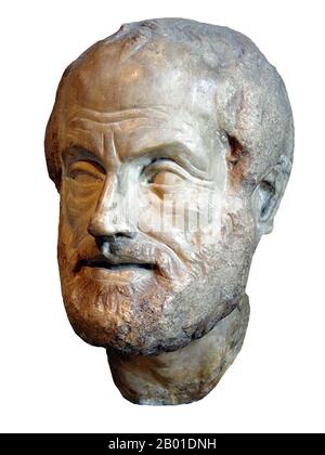 Greece/Rome: Portrait of Aristotle (384-322 BCE) in pentelic marble, copy from the Imperial Period (1st or 2nd century CE) of a lost bronze sculpture made by Lysippos of Sicyon (c. 390-300 BCE). Photo by Eric Gaba/Sting (CC BY-SA 2.5 License).  Aristotle (Greek: Ἀριστοτέλης, Aristotélēs) was a Greek philosopher, a student of Plato and teacher of Alexander the Great.  His writings cover many subjects, including physics, metaphysics, poetry, theater, music, logic, rhetoric, linguistics, politics, government, ethics, biology, and zoology. Stock Photo