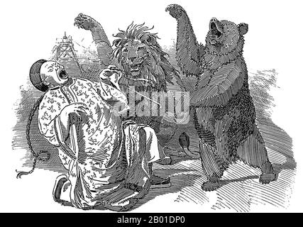 UK/China: 'The Open Mouth; Or, the Integrity of China', by Edward Linley Sambourne (1844-1910), Punch, 10 May 1899.  British Lion: 'It's alright, Johnny Chinaman. We've come to a perfectly friendly arrangement'.  Russian Bear (pleasantly): 'We're going to invade you'.  Several documents known as the 'Treaty of Tien-tsin' were signed in Tianjin (Tientsin) in June 1858, ending the first part of the Second Opium War (1856-1860). The Second French Empire, United Kingdom, Russian Empire and the United States were the parties involved. These treaties opened more Chinese ports to foreigners. Stock Photo