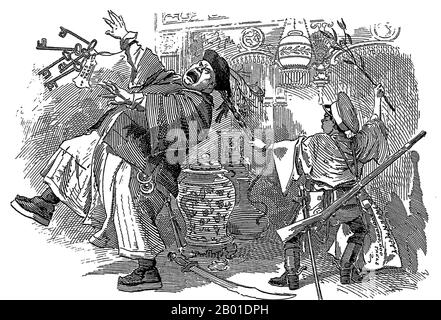 China/UK: 'Jap in a China Shop'. Satirical British cartoon of the Sino-Japanese War (1 August 1894 - 17 April 1895) in which China was defeated and forced to cede territories and pay a large indemnity of 340 million silver taels to Japan. Illustration from Punch, 27 April 1895.  'Now then, you pig-headed old pig-tail open your shop - and hand me the keys!' At the time of the war, the Japanese were seen by many Westerners as 'plucky' rather than imperialist aggressors.  The First Sino-Japanese War was fought between Qing Dynasty China and Meiji Japan, primarily over control of Korea. Stock Photo