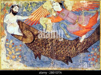 Iran/Persia: Jonah rescued from the belly of the whale, helped by an angel. Folio from a copy of the Jami al-Tawarikh (Compendium of Chronicles) by Rashid al-Din Hamadani (1247-1318), c. 1400.  Jonah is the name given in the Hebrew Bible (Tanakh/Old Testament) to a prophet of the northern kingdom of Israel in about the 8th century BCE, the eponymous central character in the Book of Jonah, famous for being swallowed by a fish or a whale, depending on translation.  The Biblical story of Jonah is repeated in the Qur'an, where Jonah is identified as Yunus or Yunan. Stock Photo