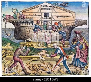 Germany: Noah supervising the construction of the ark as represented in the Nuremberg Chronicle, by Michael Wolgemut (1434-1519) and Wilhelm Pleydenwurff (1460-1494), 1493.  Noah (or Noe, Noach) was, according to the Hebrew Bible, the tenth and last of the antediluvian Patriarchs.  The biblical story of Noah is contained in chapters 6-9 of the book of Genesis, where he saves his family and representatives of all animals from the flood by constructing an ark. He is also mentioned as the 'first husbandman' and in the story of the Curse of Ham. Stock Photo