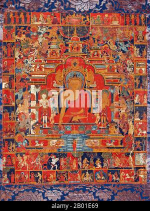 Tibet/China: Thangka painting with scenes from the life of Sakyamuni Buddha, Lhasa, 14th century.  Siddhārtha Gautama (Sanskrit: सिद्धार्थ गौतम; Pali: Siddhattha Gotama) was a spiritual teacher from ancient India who founded Buddhism. In most Buddhist traditions, he is regarded as the Supreme Buddha (P. sammāsambuddha, S. samyaksaṃbuddha) of our age, 'Buddha' meaning 'awakened one' or 'enlightened one'.  The time of his birth and death are uncertain: most early 20th-century historians dated his lifetime as c. 563 BCE to 483 BCE, but more recent opinion dates his death to between 486-483 BCE. Stock Photo