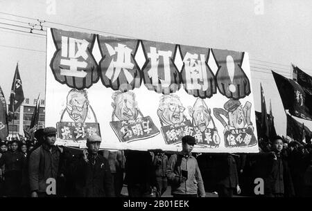 China: Denouncing 'Rightists', a scene from the Cultural Revolution (1966-1976), 1968.  The Great Proletarian Cultural Revolution, commonly known as the Cultural Revolution (Chinese: 文化大革命), was a socio-political movement that took place in the People's Republic of China from 1966 through 1976. Set into motion by Mao Zedong, then Chairman of the Communist Party of China, its stated goal was to enforce socialism in the country by removing capitalist, traditional and cultural elements from Chinese society, and impose Maoist orthodoxy within the Party. Stock Photo