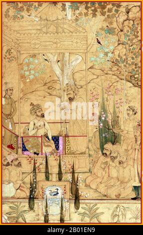 India: Zahir ud-din Muhammad Babur (1483-1531), the first Mughal Emperor, with attendants in a garden pavilion. Watercolour painting, c. 1605.  Zahir ud-din Muhammad Babur was a Muslim conqueror from Central Asia who, following a series of setbacks, finally succeeded in laying the basis for the Mughal dynasty of South Asia. He was a direct descendant of Timur through his father, and a descendant also of Genghis Khan through his mother.  Babur identified his lineage as Timurid and Chaghatay-Turkic, while his origin, milieu, training and culture were steeped in Persian culture. Stock Photo