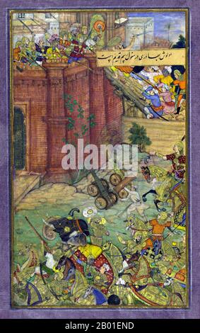 India: Zahir ud-din Muhammad Babur (1483-1531), the first Mughal Emperor, at the siege of Isfarah. Miniature painting from the Baburnama, c. 1590.  Bāburnāma (literally: 'Book of Babur' or 'Letters of Babur'; alternatively known as Tuzk-e Babri) is the name given to the memoirs of Ẓahīr ud-Dīn Muḥammad Bābur, founder of the Mughal Empire and a great-great-great-grandson of Timur. It is an autobiographical work, originally written in the Chagatai language, known to Babur as 'Turki' (meaning Turkic), the spoken language of the Andijan-Timurids. Stock Photo