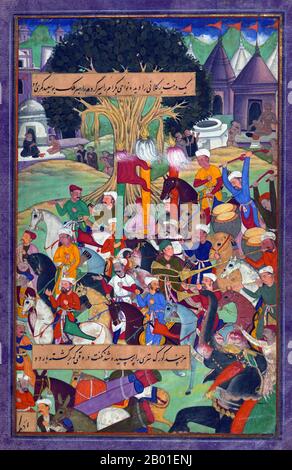 India: Babur on the way to Hindustan camps at Jām and with the help of his guide Malik Bū Saʿīd Kamarī explores Bagram. Miniature painting from the Baburnama, late 16th century.  Bāburnāma (literally: 'Book of Babur' or 'Letters of Babur'; alternatively known as Tuzk-e Babri) is the name given to the memoirs of Ẓahīr ud-Dīn Muḥammad Bābur (1483-1530), founder of the Mughal Empire and a great-great-great-grandson of Timur. It is an autobiographical work, originally written in the Chagatai language, known to Babur as 'Turki' (meaning Turkic), the spoken language of the Andijan-Timurids.