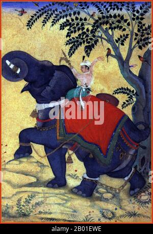 India: The 3rd Mughal Emperor Akbar (25 October 1542 - 27 October 1605) riding an elephant. Miniature painting, c. 1609-1610.  Akbar (r. 1556-1605), also known as Shahanshah Akbar-e-Azam or Akbar the Great, was the third Mughal Emperor. He was of Timurid descent; the son of Emperor Humayun, and the grandson of  Emperor Babur, the ruler who founded the Mughal dynasty in India. At the end of his reign in 1605 the Mughal empire covered most of the northern and central India.  Akbar was thirteen years old when he ascended the Mughal throne in Delhi (February 1556). Stock Photo