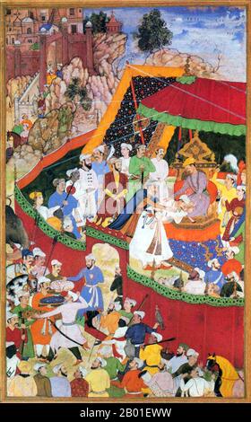 India: Rai Surjan Hada Making Submission to Akbar. Miniature painting from the Akbarnama by Shankar, c. 1590.  Akbar (25 October 1542 - 27 October 1605), also known as Shahanshah Akbar-e-Azam or Akbar the Great, was the third Mughal Emperor. He was of Timurid descent; the son of Emperor Humayun, and the grandson of  Emperor Babur, the ruler who founded the Mughal dynasty in India. At the end of his reign in 1605 the Mughal empire covered most of the northern and central India.  Akbar was thirteen years old when he ascended the Mughal throne in Delhi (February 1556). Stock Photo