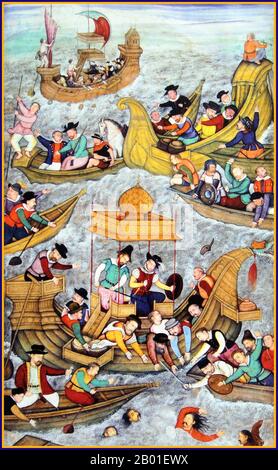 India: The death of Sultan Bahadur at the hands of the Portuguese at Diu, 1537, during the Mughal Emperor Humayun's Gujarat campaign. Miniature painting from the Akbarnama, early 17th century.  Nasir ud-din Muhammad Humayun (7 March 1508 - 22 February 1556) was the second Mughal Emperor who ruled present day Afghanistan, Pakistan and parts of northern India from 1530-1540 and again from 1555-1556.  Like his father, Babur, he lost his kingdom early, but with Persian aid, he eventually regained an even larger one. On the eve of his death, the Mughal empire spanned almost one million square kms. Stock Photo