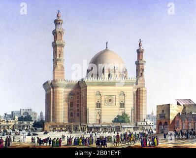 Egypt: A camel caravan passing the Mosque-Madrassa of Sultan Hassan, Cairo. Painting by Pascal Coste (26 November 1787 - 8 February 1879), c. 1839.  The Mosque-Madrassa of Sultan Hassan is a massive Mamluk era mosque and madrassa located near the Citadel in Cairo. Its construction began 757 AH/1356 CE with work ending three years later.  At the time of construction the mosque was considered remarkable for its fantastic size and innovative architectural components.