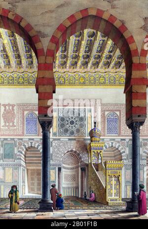 Egypt: The mihrab (prayer niche) and minbar (pulpit) of the Mosque of Sultan al-Mu'ayyad, Cairo. Painting by Pascal Coste (26 November 1787 - 8 February 1879), c. 1839.  Xavier Pascal Coste was a French architect. His father was one of the leading joiners in Marseille. Showing intellectual and artistic promise, Pascal began his studies in the studio of Penchaud, architect of the département and the municipalité. In 1814, he was received into the École des Beaux-Arts in Paris. Stock Photo