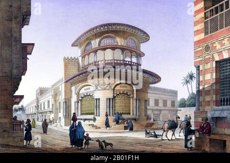 Egypt: Public water fountain and Sufi Khankah on Sharia al-Habbaniya, Cairo. Painting by Pascal Coste (26 November 1787 - 8 February 1879), c. 1839.  Xavier Pascal Coste was a French architect. His father was one of the leading joiners in Marseille. Showing intellectual and artistic promise, Pascal began his studies in the studio of Penchaud, architect of the département and the municipalité. In 1814, he was received into the École des Beaux-Arts in Paris. Stock Photo