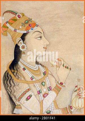 India: Empress Nur Jahan (1577 - 18 December 1645). Rajasthani watercolour painting, Kishangarh, c. 1725.  Begum Nur Jahan (alternative spelling Noor Jahan, Nur Jehan, Nor Jahan), also known as Mehr-un-Nissa, was an Empress of the Mughal Dynasty that ruled much of the Indian subcontinent.  Nur Jahan was the twentieth and favourite wife of Mughal Emperor Jahangir, who was her second husband, and the most famous Empress of the Mughal Empire. The story of the couple's infatuation for each other and the relationship that abided between them is the stuff of many (often apocryphal) legends. Stock Photo