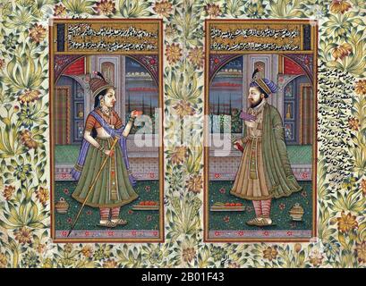 India: Portrait of Emperor Jahangir (20 September 1569 - 8 November 1627) with his Empress Nur Jahan (1577 - 18 December 1645). Miniature painting, c. 19th century  Jahangir (full title: Al-Sultan al-'Azam wal Khaqan al-Mukarram, Khushru-i-Giti Panah, Abu'l-Fath Nur-ud-din Muhammad Jahangir Padshah Ghazi [Jannat-Makaani]) was the ruler of the Mughal Empire from 1605 until his death in 1627.  The name Jahangir is from Persian جهانگیر,meaning 'World Conqueror'. Born as Prince Muhammad Salim, he was the third and eldest surviving son of Mogul Emperor Akbar. Stock Photo