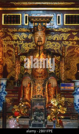 Vietnam: Image of Emperor Dien Tien Hoang (Dinh Bo Linh), Dinh Tien Hoang Pagoda, Hoa Lu, Ninh Binh Province.  In 968 an outstanding military commander, Dinh Bo Linh (924-979), reunified the country after the collapse of the short-lived Ngo Dynasty (939-967). He renamed the country Dai Co Viet, and moved the capital from Co Loa near Hanoi south to Hoa Lu to be farther from the Chinese threat. He also took the title Emperor Tien Hoang De (r. 968-979), married five empresses simultaneously – the only Vietnamese king ever to do so – and built an elaborate palace and citadel. Stock Photo