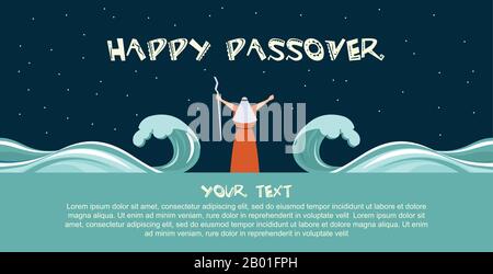 Moses separate sea for Passover holiday over night background, flat design vector Stock Vector