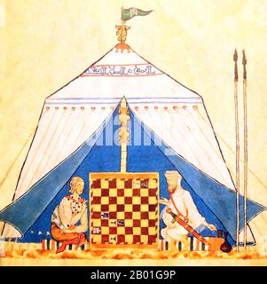 Spain/Al-Andalus: A Christian and a Muslim playing chess, from the 'Book of Games, Dice and Tables', Alfonso X of Castile (r. 1252-1284),c. 1251-1283.  Al-Andalus was the Arabic name given to a nation and territorial region also commonly referred to as Moorish Iberia. The name describes parts of the Iberian Peninsula and Septimania governed by Muslims (often given the generic name of Moors), at various times in the period between 711 and 1492, although the territorial boundaries underwent constant changes due to wars with the Christian Kingdoms. Stock Photo