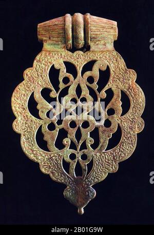 Spain/Al-Andalus: A door-knocker from Islamic Seville, c. 10th century.  After the conquest of Hispalis by the Moors in 712, Seville was taken by the Muslims. It was capital for the Kings of the Umayyad Caliphate, the Almoravid dynasty, and the Almohad dynasty (from Arabic al-Muwahhidun, i.e., 'the monotheists' or 'the Unitarians'), from the 8th to 13th centuries. In 1248 forces of King Fernando III of Castile won victory in Seville's chapter of the peninsula's Catholic Reconquista (reconquest).  The Moorish urban influences continued and are very present in contemporary Seville. Stock Photo