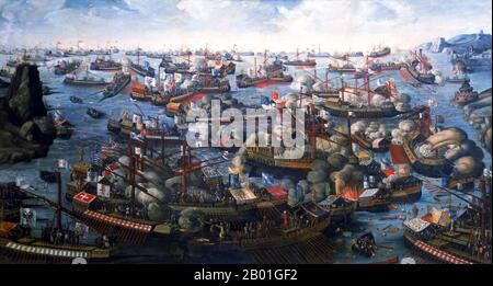 Greece/Turkey: The Battle of Lepanto, 7 October 1571. Anonymous oil on canvas painting, late 16th century.  The Battle of Lepanto took place on 7 October 1571 when a fleet of the Holy League, a coalition of Catholic maritime states, decisively defeated the main fleet of the Ottoman Empire in five hours of fighting on the northern edge of the Gulf of Patras, off western Greece. The Ottoman forces sailing westwards from their naval station in Lepanto met the Holy League forces, which had come from Messina. Stock Photo