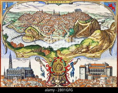 Spain/Al-Andalus/Germany: View and plan of Toledo by Georg Braun (1541-1622) and Frans Hogenberg (1535-1590), Germany, c. 16th century.  Populated since the Bronze Age, Toledo (Toletum in Latin) grew in importance during Roman times, being a main commercial and administrative centre in the Roman province of Tarraconensis. After the fall of the Roman Empire, Toledo served as the capital city of Visigothic Spain, beginning with Liuvigild (Leovigild), and was the capital of Spain until the Muslims conquered Iberia in the 8th century.  Under the Caliphate of Cordoba, Toledo enjoyed a golden age. Stock Photo