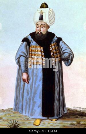 Turkey: Selim II (28 May 1524 - 15 December 1574), Sultan of the Ottoman Empire. Watercolour painting by John Young (1755-1825), 1815.  Selim II was born in Istanbul, a son of Suleiman the Magnificent and his fourth and favourite Ruthenian wife Hürrem Sultan (Roxelana).  Military expeditions in the Hejaz and Yemen were successful, but his conquest of Cyprus in 1571 led to the calamitous naval defeat against Spain and Venice in the Battle of Lepanto in the same year, freeing the Mediterranean Sea from corsairs. The Empire's shattered fleets were soon restored in just six months though. Stock Photo