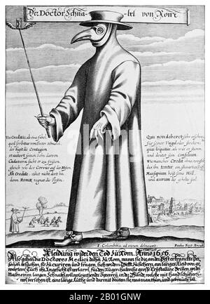 Italy: Copper engraving of Doctor Schnabel (Dr. Beak), a plague doctor in seventeenth-century Italy, with a satirical macaronic poem, c. 1656.  The Black Death was one of the most devastating pandemics in human history, peaking in Europe between 1348 and 1350. Of several competing theories, the dominant explanation for the Black Death is the plague theory, which attributes the outbreak to the bacterium Yersinia pestis.  Thought to have started in China, it travelled along the Silk Road and reached the Crimea by 1346. Stock Photo