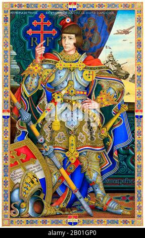 France/USA:  'To the French People in Comradeship-in-Arms; The People of America'. Joan of Arc painting by Arthur Syzyk (1894-1951), 1942.  Saint Joan of Arc, nicknamed 'The Maid of Orléans' (French: Jeanne d'Arc, ca. 1412 – 30 May 1431), is considered a national heroine of France and a Catholic saint. A peasant girl born in eastern France who claimed divine guidance, she led the French army to several important victories during the Hundred Years' War, which paved the way for the coronation of Charles VII.  She was captured by the Burgundians, sold to the English and burned at the stake. Stock Photo