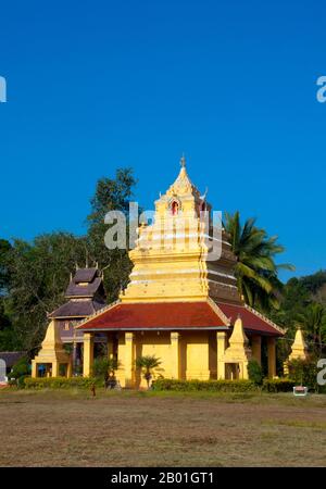 Thailand: Ho Trai Library and Chedi at Wat Si Pho Chai Na Phung, Na Haeo District, Loei Province.  Loei (Thai: เลย) Province is located in Thailand's upper North-East. Neighboring provinces are (from east clockwise) Nong Khai, Udon Thani, Nongbua Lamphu, Khon Kaen, Phetchabun, Phitsanulok. In the north it borders Xaignabouli and Vientiane Provinces of Laos.  The province is covered with low mountains, while the capital Loei is located in a fertile basin. The Loei River, which flows through the province, is a tributary of the Mekong. Stock Photo