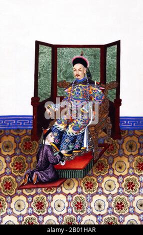 China: Hand-painted representation of master and servant in 19th century Qing Dynasty high society.  Scenes of service from a small album known as 'Chinese Drawings: Court and Society', showing contemporaneous style and fashion at the Qing Court.  The Qing Dynasty was the last dynasty of China, ruling from 1644 to 1912. Qing rulers were of the Jurchen Aisin Gioro clan, a nomadic tribe that originated northeast of the Great Wall in contemporary Northeastern China.  Over the course of its reign, the Qing became highly integrated with Chinese culture. Stock Photo