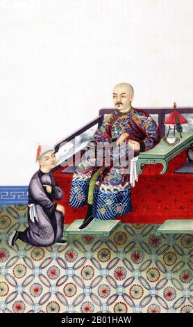 China: Hand-painted representation of master and servant in 19th century Qing Dynasty high society.  Scenes of service from a small album known as 'Chinese Drawings: Court and Society', showing contemporaneous style and fashion at the Qing Court.  The Qing Dynasty was the last dynasty of China, ruling from 1644 to 1912. Qing rulers were of the Jurchen Aisin Gioro clan, a nomadic tribe that originated northeast of the Great Wall in contemporary Northeastern China.  Over the course of its reign, the Qing became highly integrated with Chinese culture. Stock Photo