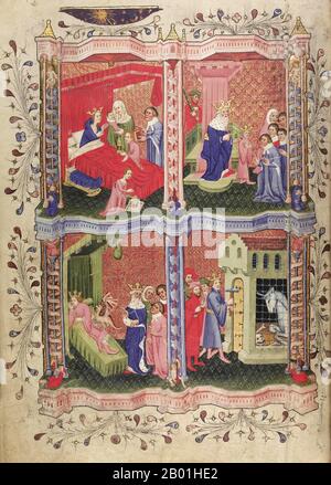 Greece/Netherlands: Illuminated page from a medieval version of Pseudo-Callisthenes, 'The Romance of Alexander' (Greece, c. 200-300 CE), produced in Holland by the Flemish illuminator Jehan de Grise (fl. 1325-1345), 1338-1344.  Attributed to an unknown author identified only as Pseudo-Callisthenes, 'The Romance of Alexander' was first produced in Greek between 200-300 CE from written accounts and stories derived from the oral tradition. Although notionally a history of Alexander the Great (d. 323 BCE), it is really a mixture of legend and fact. Stock Photo