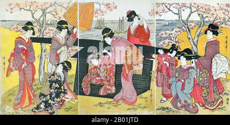 Japan: 'Cherry-blossom Viewing at Gotenyama'. Ukiyo-e woodblock triptych by Kitagawa Utamaro (c. 1753 - 31 October 1806), 1800.  Kitagawa Utamaro was a Japanese printmaker and painter, who is considered one of the greatest artists of woodblock prints (ukiyo-e). He is known especially for his masterfully composed studies of women, known as bijinga. He also produced nature studies, particularly illustrated books of insects. Stock Photo
